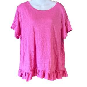 J. Crew Magenta/Fuchsia Ruffled Hem & Back Short Sleeve Tee 100% Linen Large